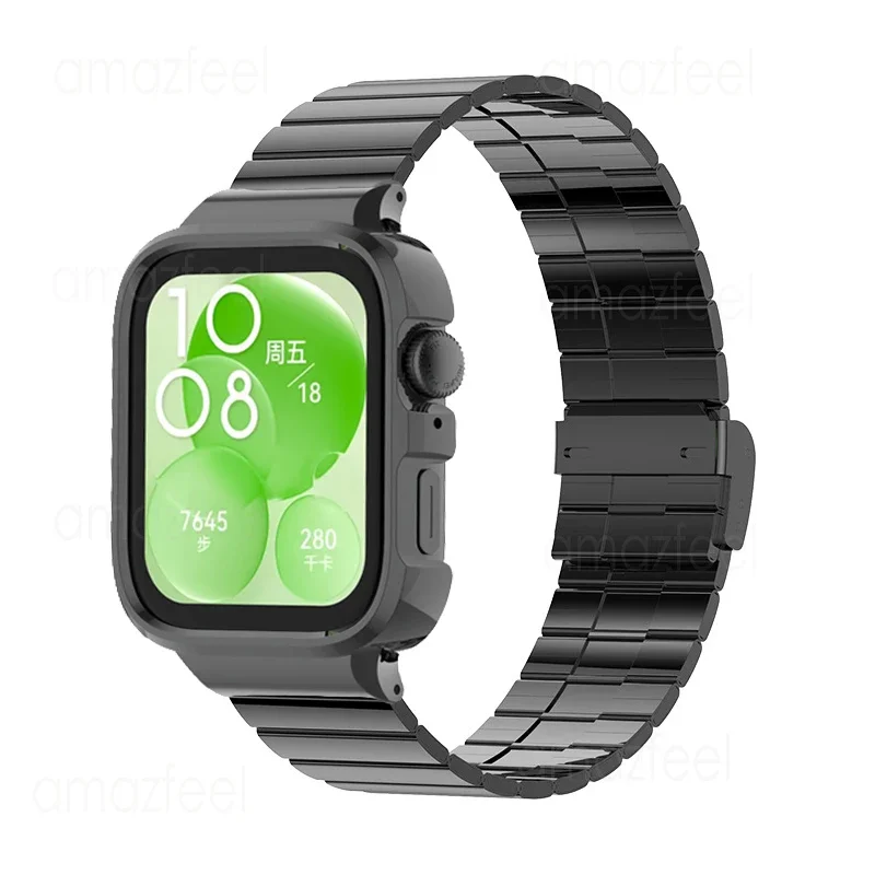 Pulseira de relógio de aço inoxidável, banda e estojo para Huawei Watch Fit3, pulseira de metal, capa protetora, pára-choques
