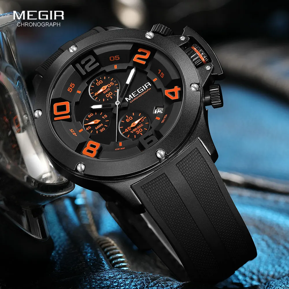 MEGIR Military Sport Quartz Watch Men Fashion Waterproof Wristwatch with Silicone Strap Luminous Hands Date Chronograph Black