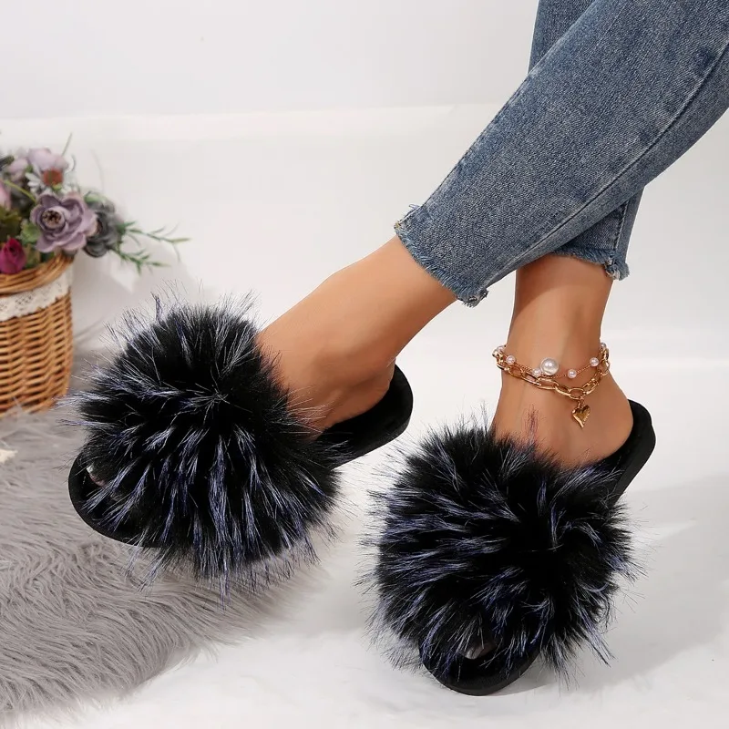 

Spring Autumn Women Plush Slippers House Fluffy Sandals Outdoor Fashion Shoes Walking Open Toe Cute Flat Slippers Slides Women