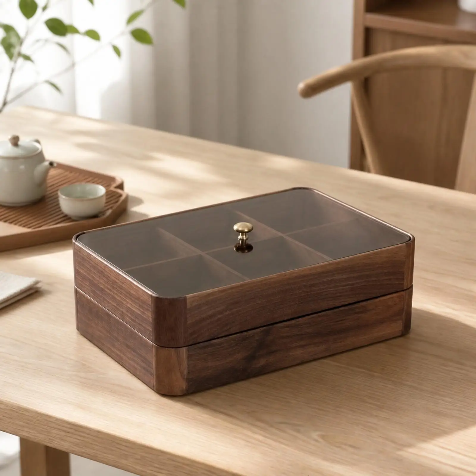 Solid Walnut Serving Tray with Removable Transparent Lid and Knob for Party Appetizer Display Decorative Storage Box