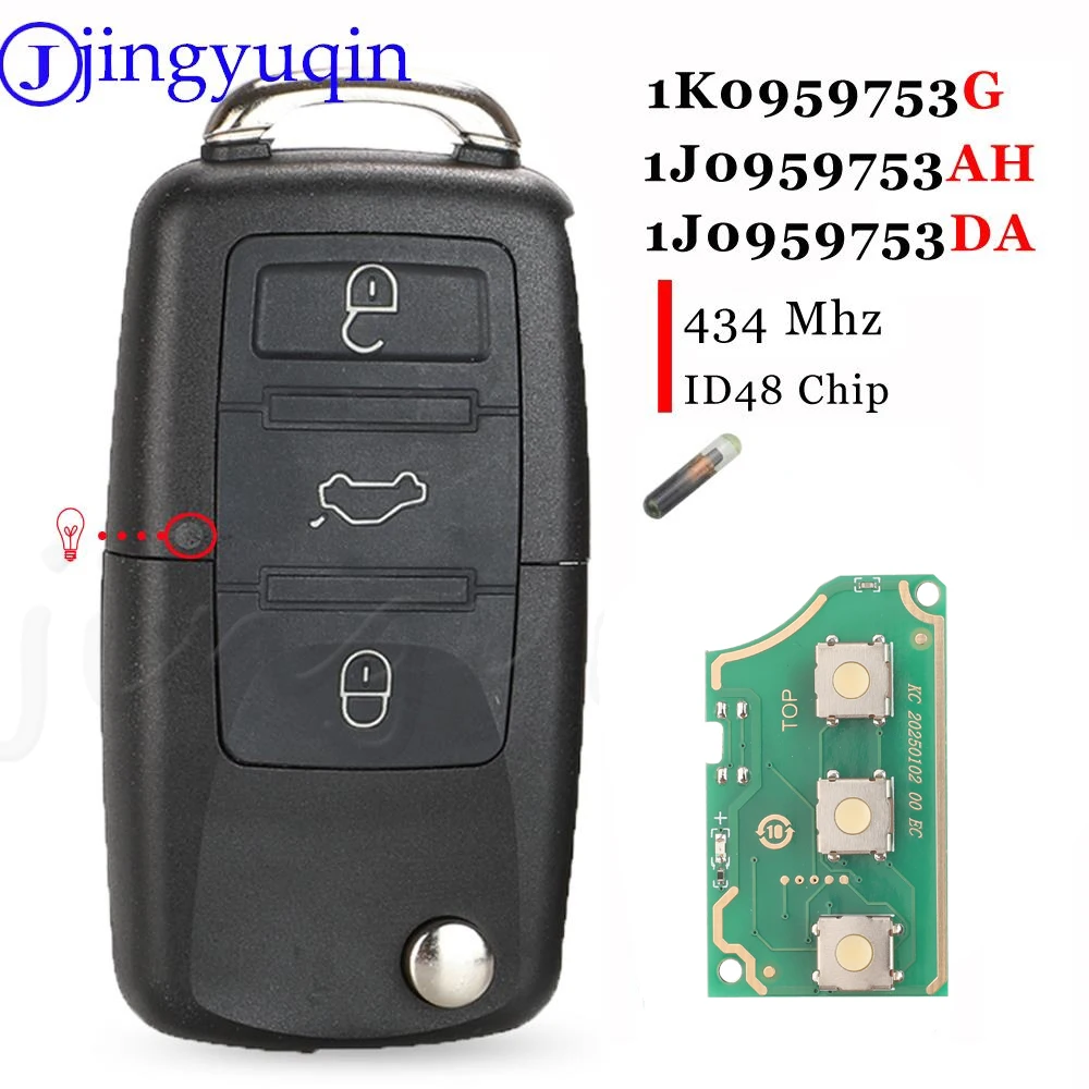Jingyuqin 플립 원격 자동차 키, 3 버튼, 폭스바겐 파사트 폴로 스코다 시트 폴로 골프 비틀, 1J0959753 DA/AH 1K0959753G 434Mhz ID48