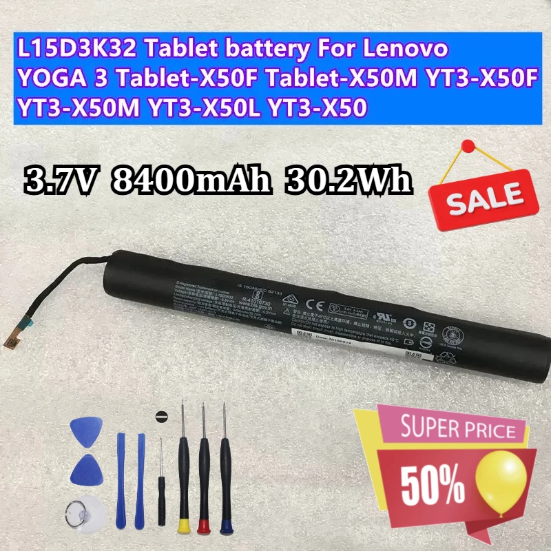 Batería para tableta Lenovo YOGA Tablet-X50F Tablet-X50M YT3-X50F YT3-X50M YT3-X50L YT3-X50 L15C3K32, 8400mAh L15D3K32, herramientas gratuitas