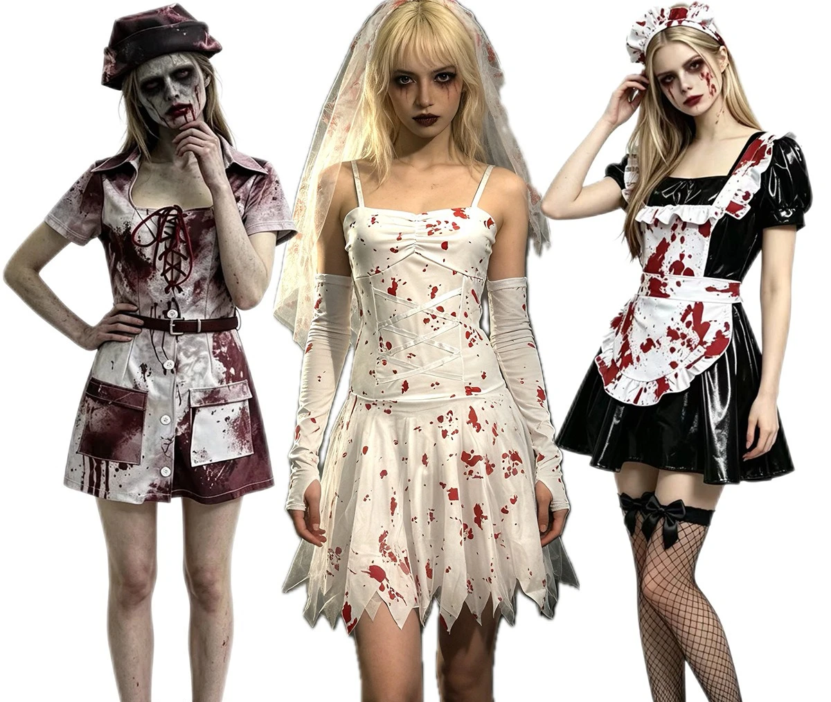Disfraz de Halloween para mujer, ideal para fiestas de carnaval, cosplay, disfraz de sirvienta sangrienta, vestido de zombi, disfraz de novia fantasma, de vampiro, de enfermera, conjunto de ropa gótica.