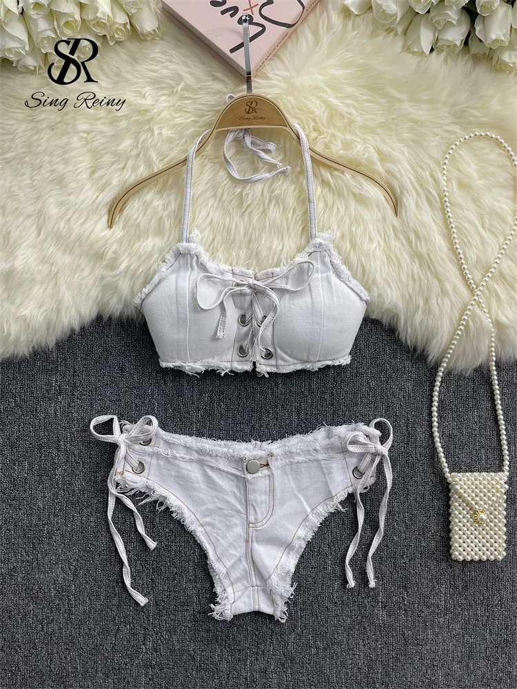 SINGREINY Retro Women Bikini Denim Suits Summer Halter Camis+ Mini Pant Lingeri… - Image 6