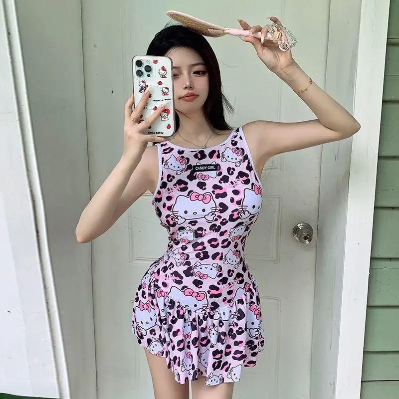 Купальник Sanrio Hello Kitty, бикини для девочек, стиль отпуска, сиамский спортивный коврик для бассейна, нагрудник, беспроводной тонкий стиль Ins