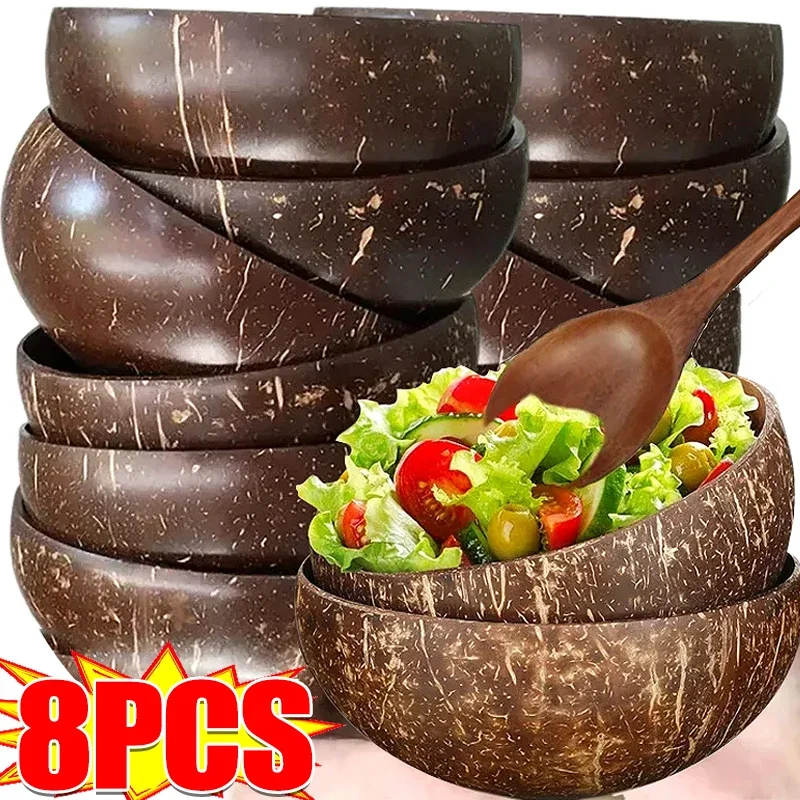 Nuevos juegos de cuencos de coco y cucharas de madera, cuencos de cáscara de coco naturales reutilizables para postre, yogur, ensalada de frutas, vajilla de cocina