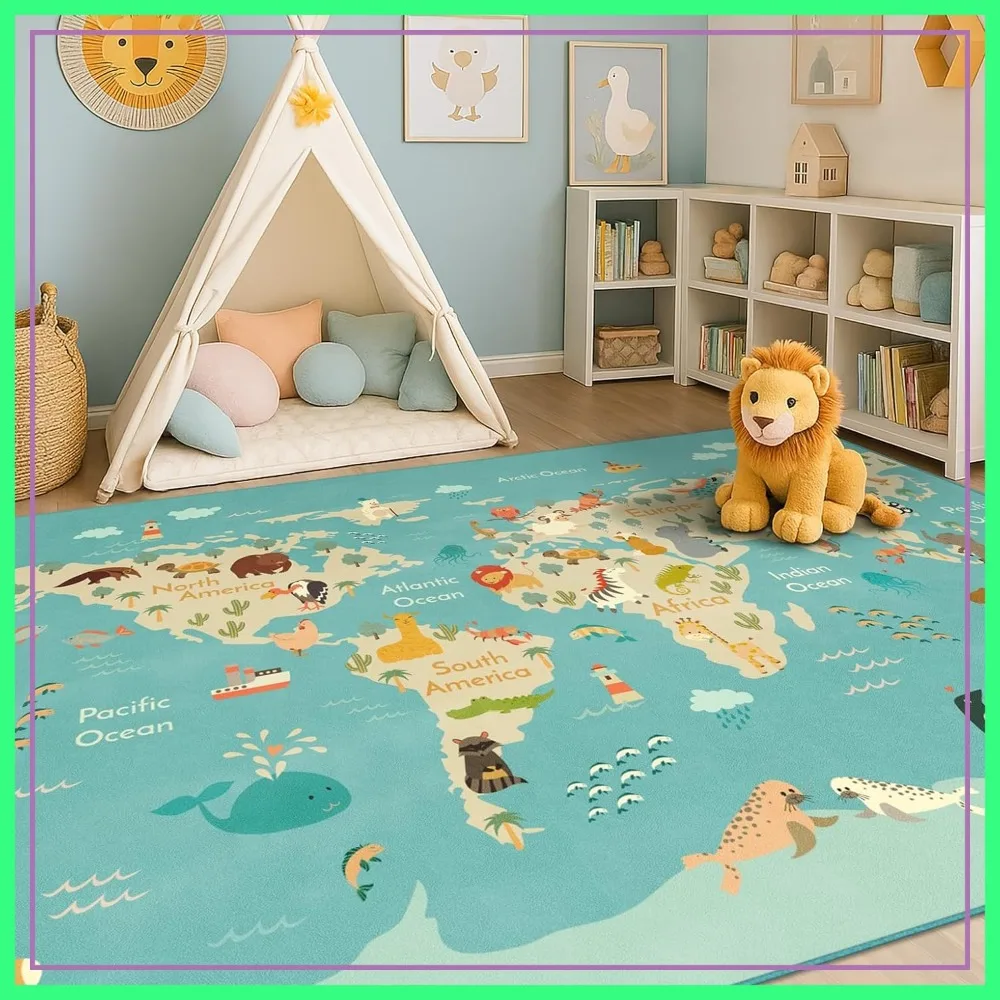 

5x7 Kids Playroom Rug, Washable Educational Animal Map for Toddlers, Non-Slip Stain Resistant Soft Carpet, Blue