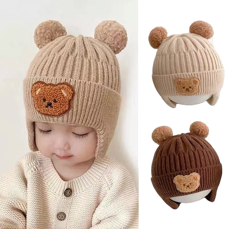 

Cute Bear Knitted Earmuffs Hat For Children Winter Thick Warm Wool Hat For Infants And Toddlers