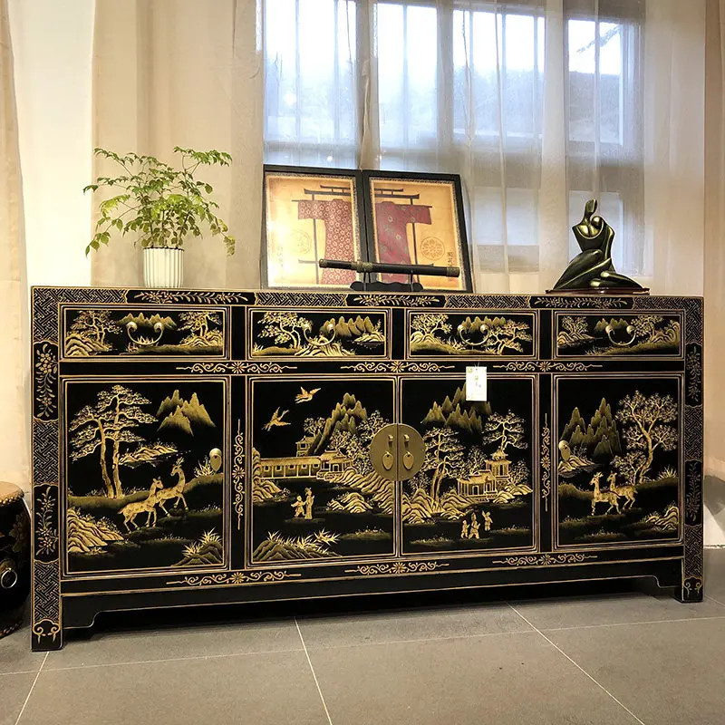 ^New Chinese-style Solid Wood Ready-to-Assemble Storage Cabinet 4 Drawers for Dining Room Entryway Foyer TV Shoe Storage