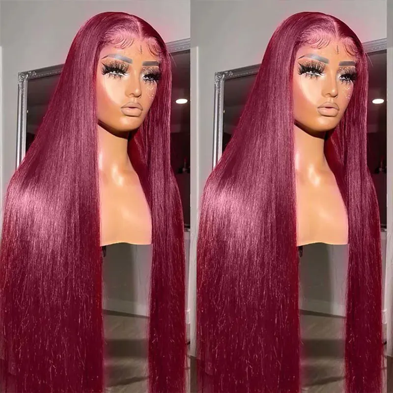 Burgundy 99J Straight Glueless Wig Red Colored Straight Lace Closure Human Hair Wigs Brazilian Remy Cheap Wig 4x4 Closure Wigs