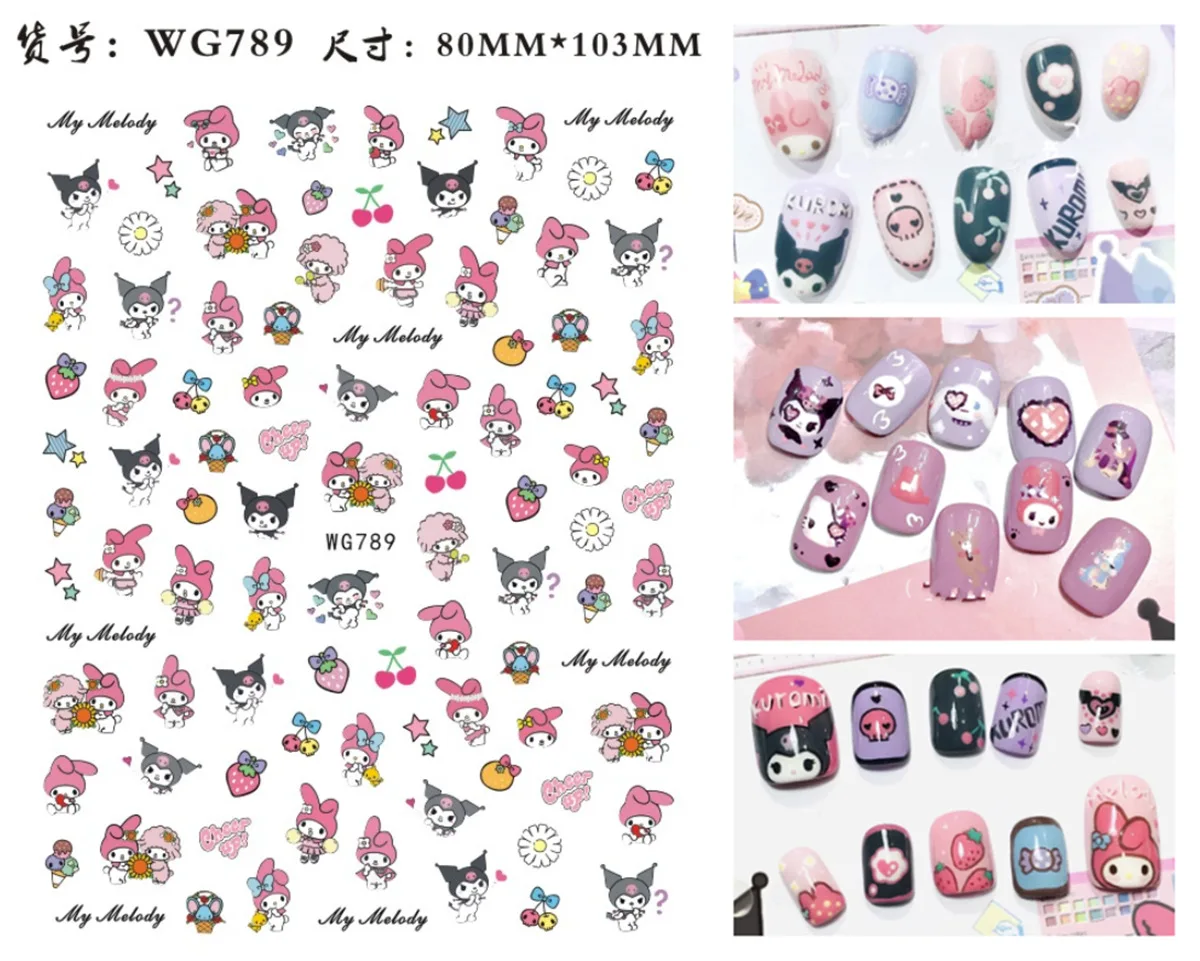 Miniso Kuromi Hello Kitty Nail Art Stickers Nail Decoration Animation Pokémon Barbie Princess 3D Nail Stickers Sliders For Nails