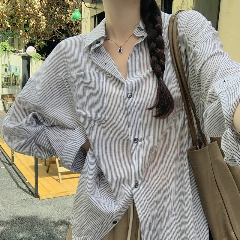 Vintage Striped Shirts Women Korean Fashion Simple Long Sleeve Blouse Office Lady Casual Loose Single Breasted Tops