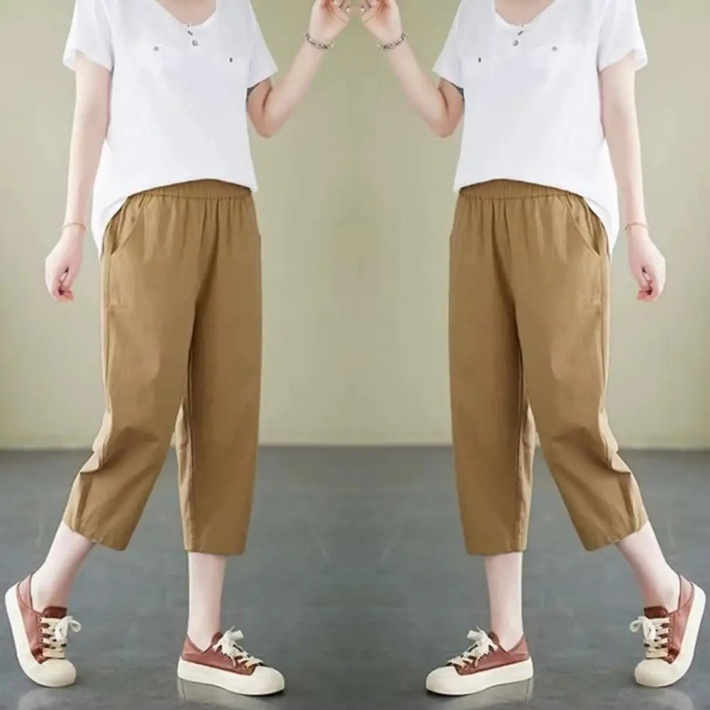 

Elastic Waist Summer Pants Stylish Women's Mid-calf Harem Pants Elastic Waist Solid Color Pockets for Summer Casual Wear Summer