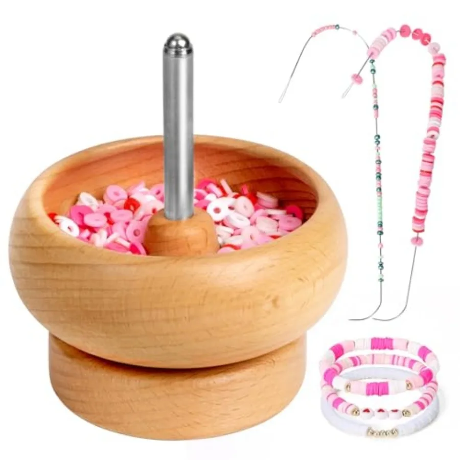 Bead Spinner for Jewelry Making, Effortless Rotating Wooden Clay Bead Spinner with 2 Big Eye Beading Needles and 3000 Seed Bead