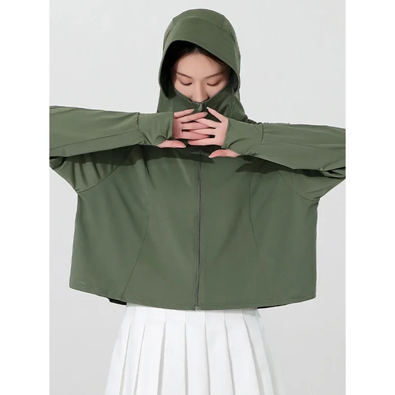 Summer UPF50 + Women Sunscreen Hoodie Long-sleeved Solid Color and Thin Jacket Breathable UV Protection Coat Ice Silk Clothing