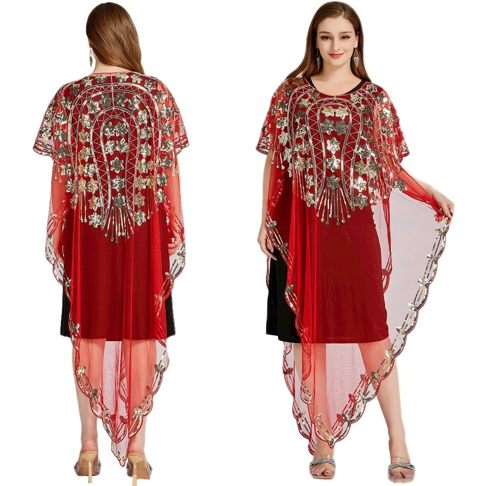 Robe de Banquet africaine de luxe à paillettes, châle pour femmes, mode, grande taille, manches chauve-souris, châle musulman, col en U, robe de soirée Dashiki
