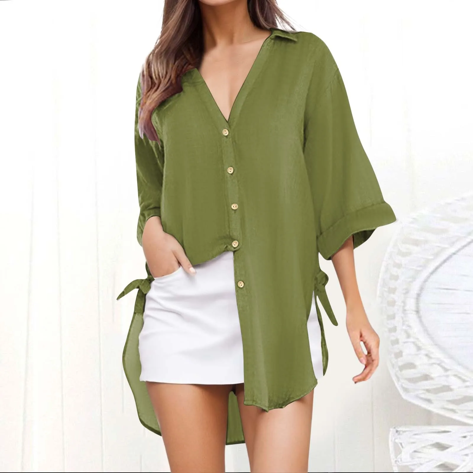 Women\'s Blouse Cotton Shirt Summer Solid V Neck Loose Casual Tops Casual Cover-ups Fashion Long Sleeves Tunics Female Clothing