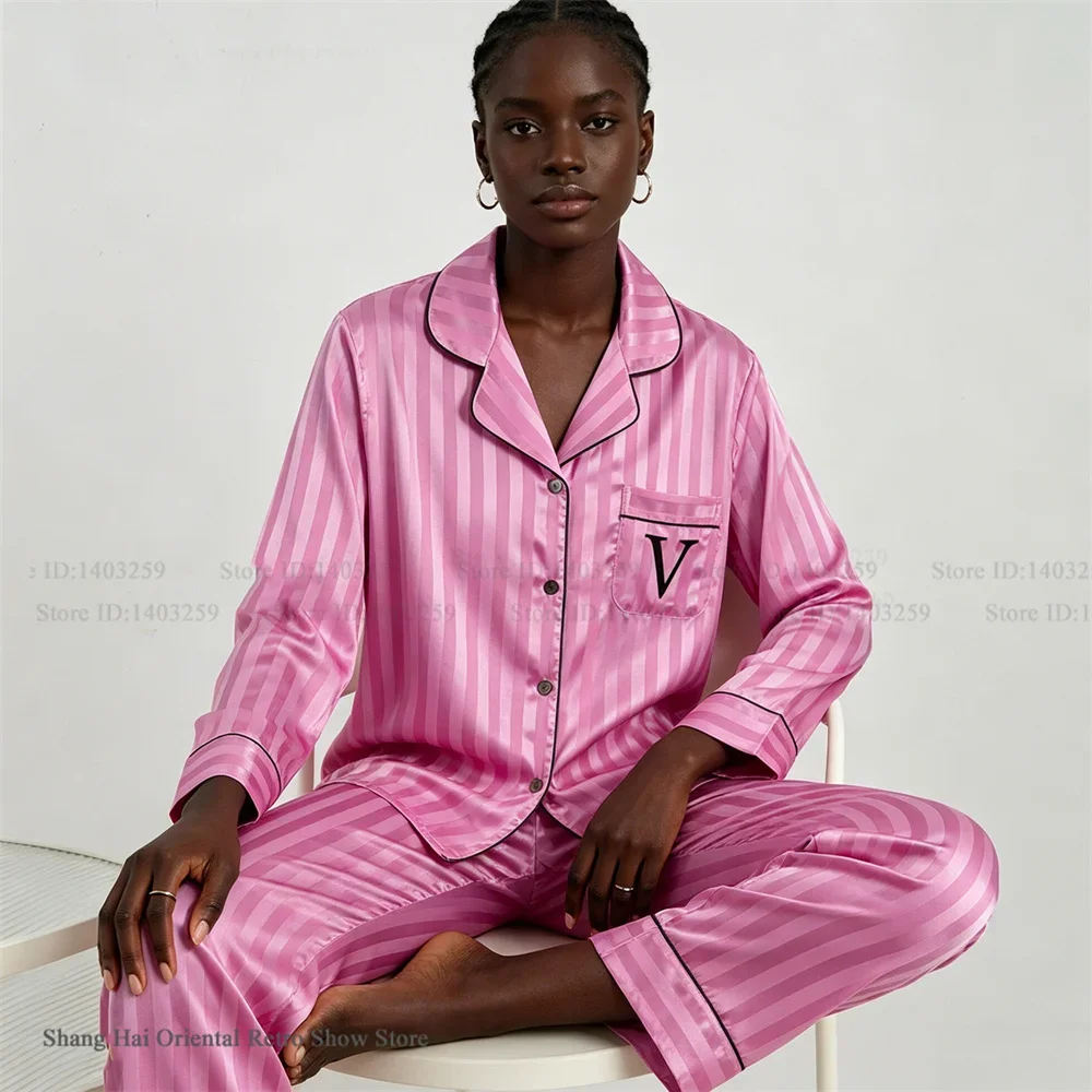Fashion Stripes 2Pcs Pajamas Set Womens Sleepwear Spring Summer Trouser Pijamas Suit Loose Casual Satin Homewear Lounge Wear PJS