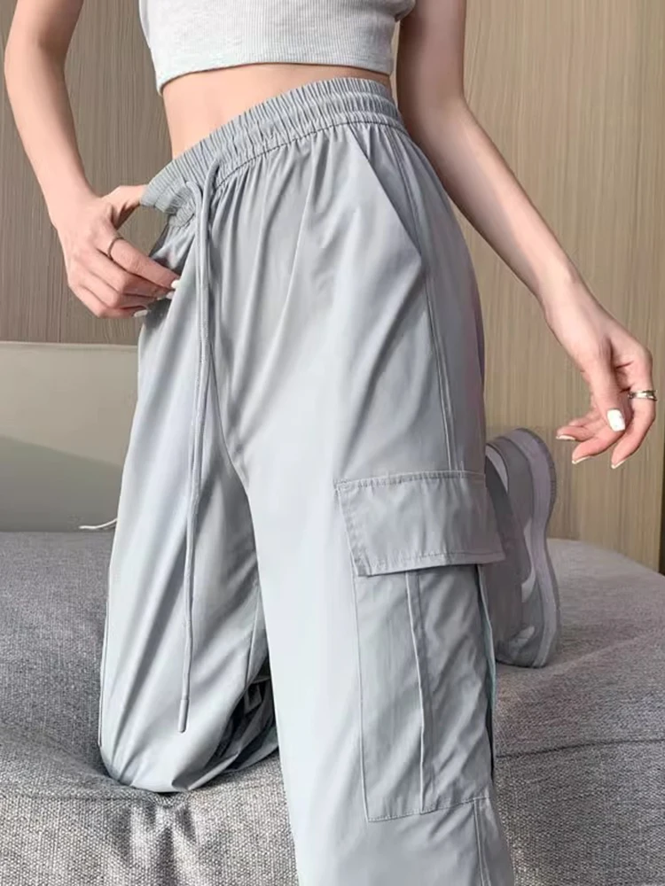 Lodowe jedwabne spodnie z szerokimi nogawkami, z wysokim stanem, lejące, cienkie, letnie spodnie do pracy dla kobiet, szybkoschnące spodnie sportowe do biegania.