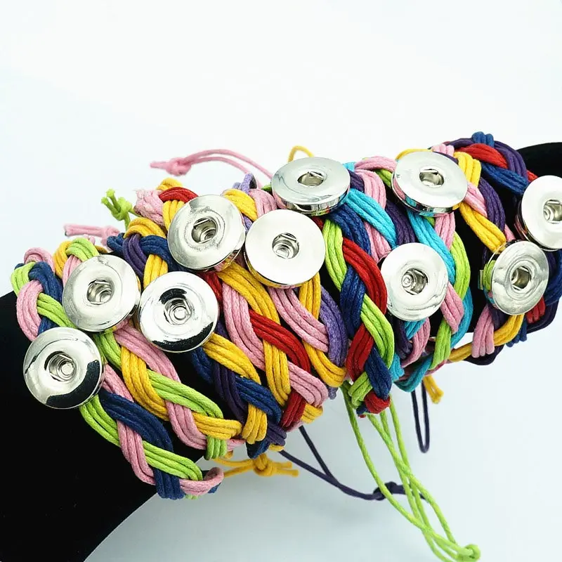 10pcs mixed Colorful twist style Rope Wax thread adjustable 18mm snap bracelets fit 18mm snap buttons jewelry DIY accessories