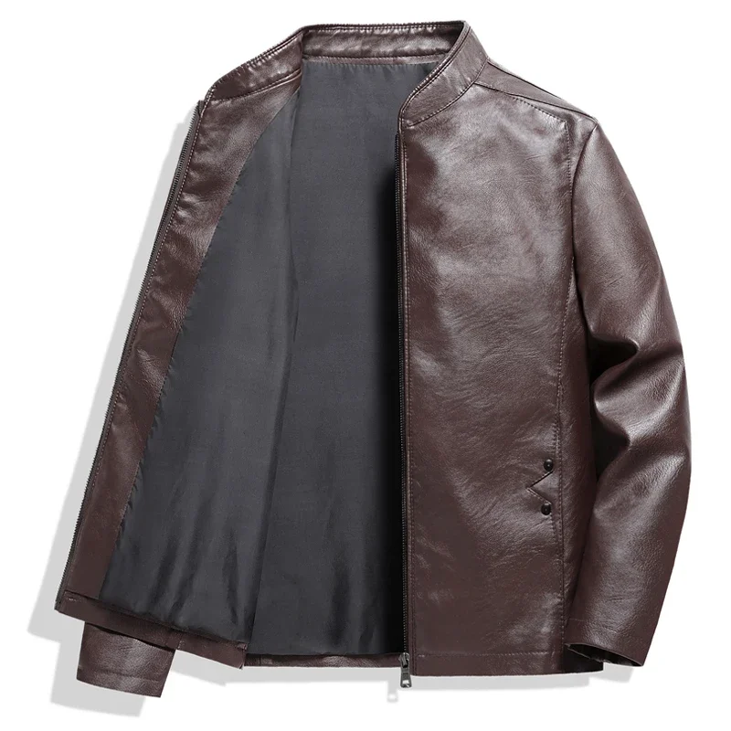 2024 New Oversize Men's Stand Collar PU Leather Jacket Motorcycle Plus Size Faux Leather Coat Business Casual Winter Outwear