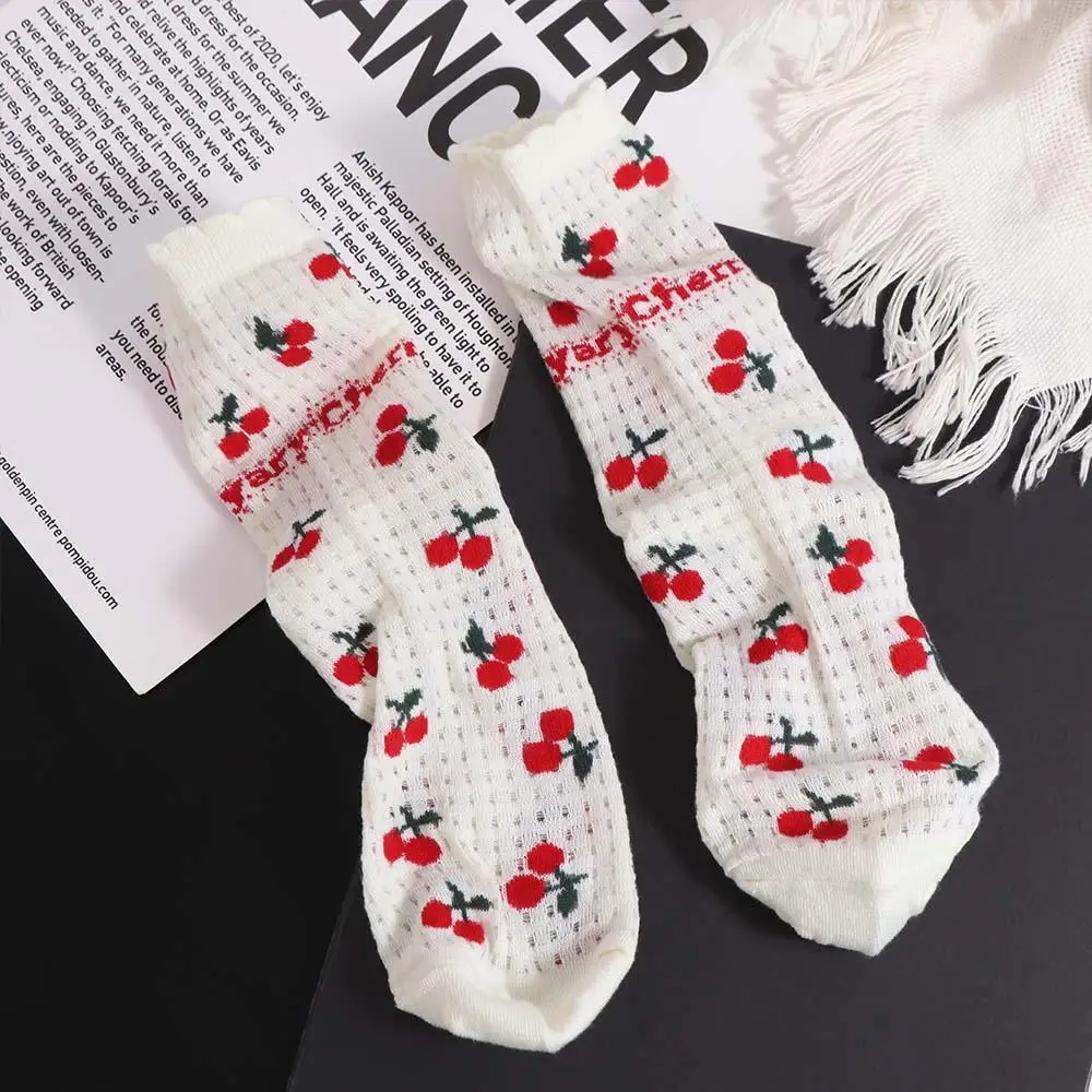 

Sweet Ruffle Cherry Short Socks Hollow Out Thin Mesh Ankle Socks Letter Female Hosiery Summer Tube Socks Streetwear