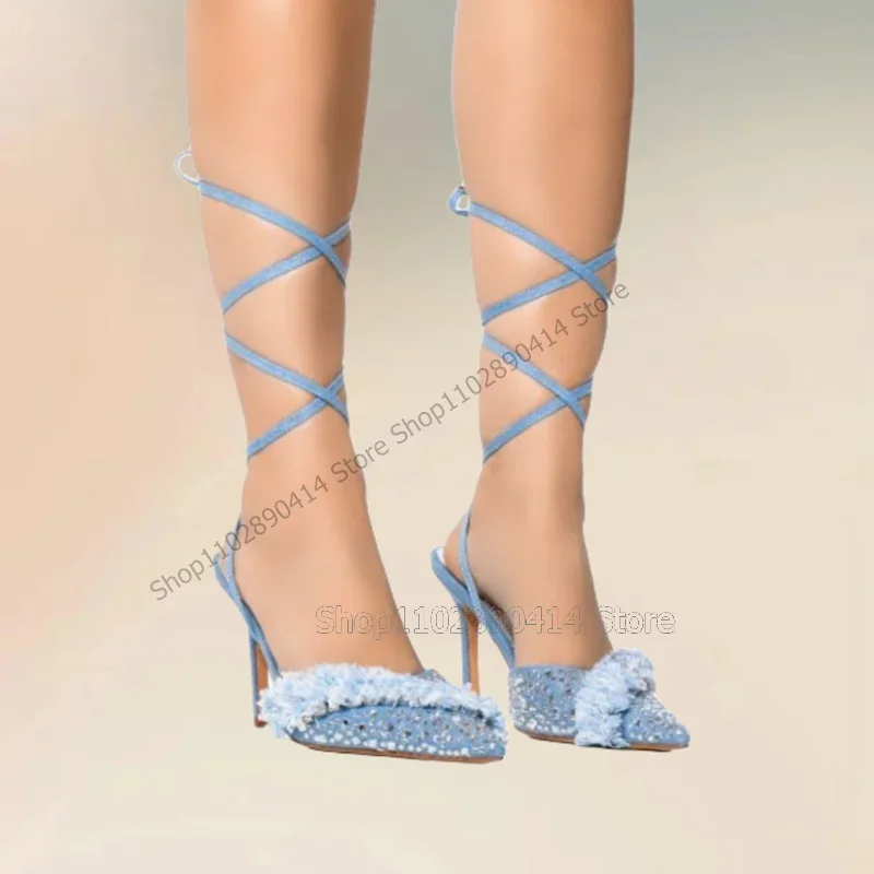 

Blue Denim Rhinestone Ruffles Decor Twine Sandals Back Strap Women Shoes Thin High Heels Sexy Banquet 2023 Zapatos Para Mujere
