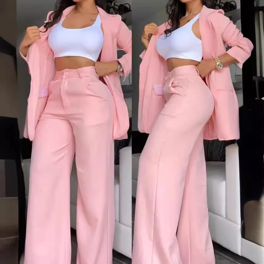 Woman Elegant Blazer Sets New Autumn Fashion Women's Notched Collar Coat + Pocket Design Pants Set Work Commuting Two Piece Suit