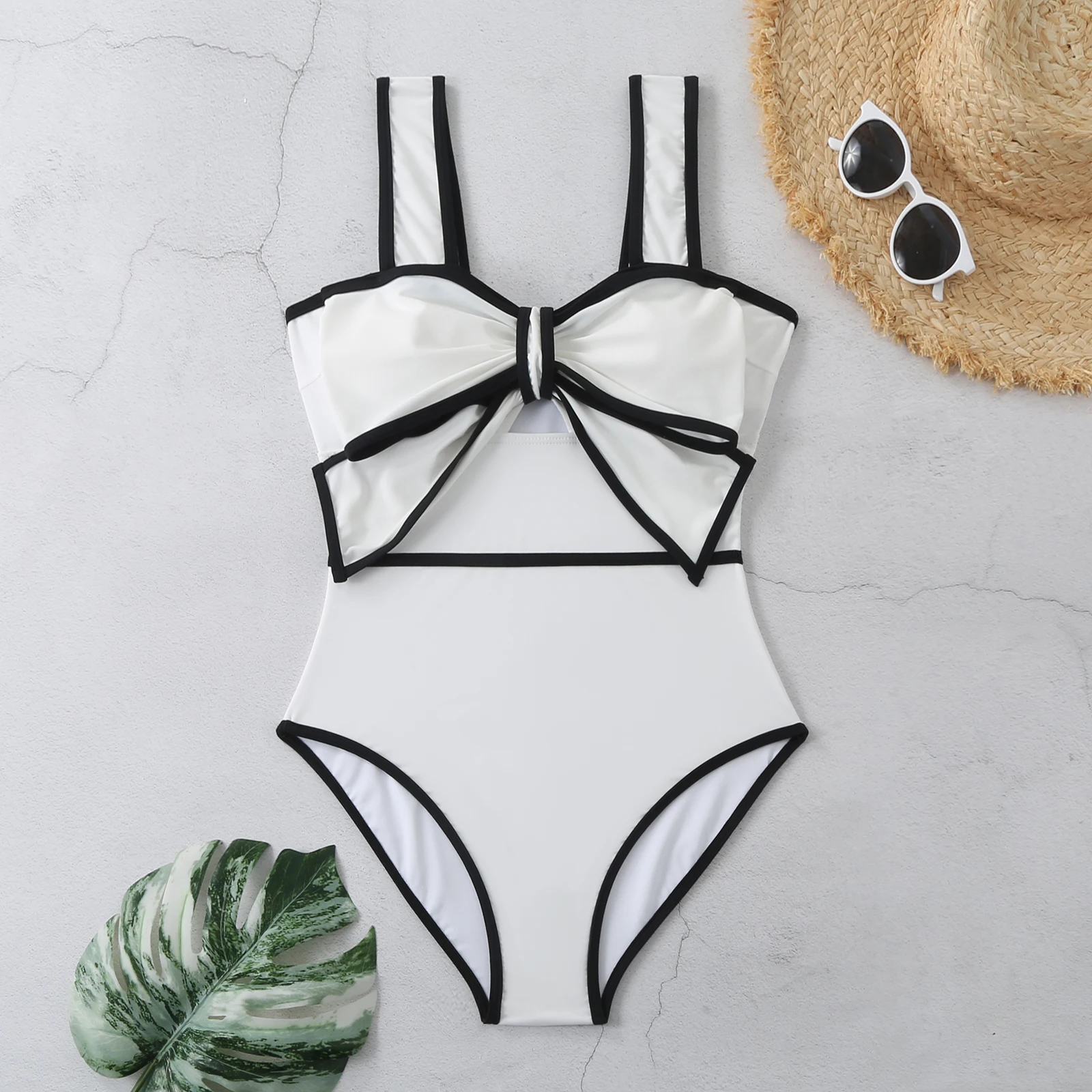 2024 Black White  Bow Tie One Piece Swimsuit For Women Swimwear With Skirt Bathing Suit Monokini Beach Bodysuit Beach Wear