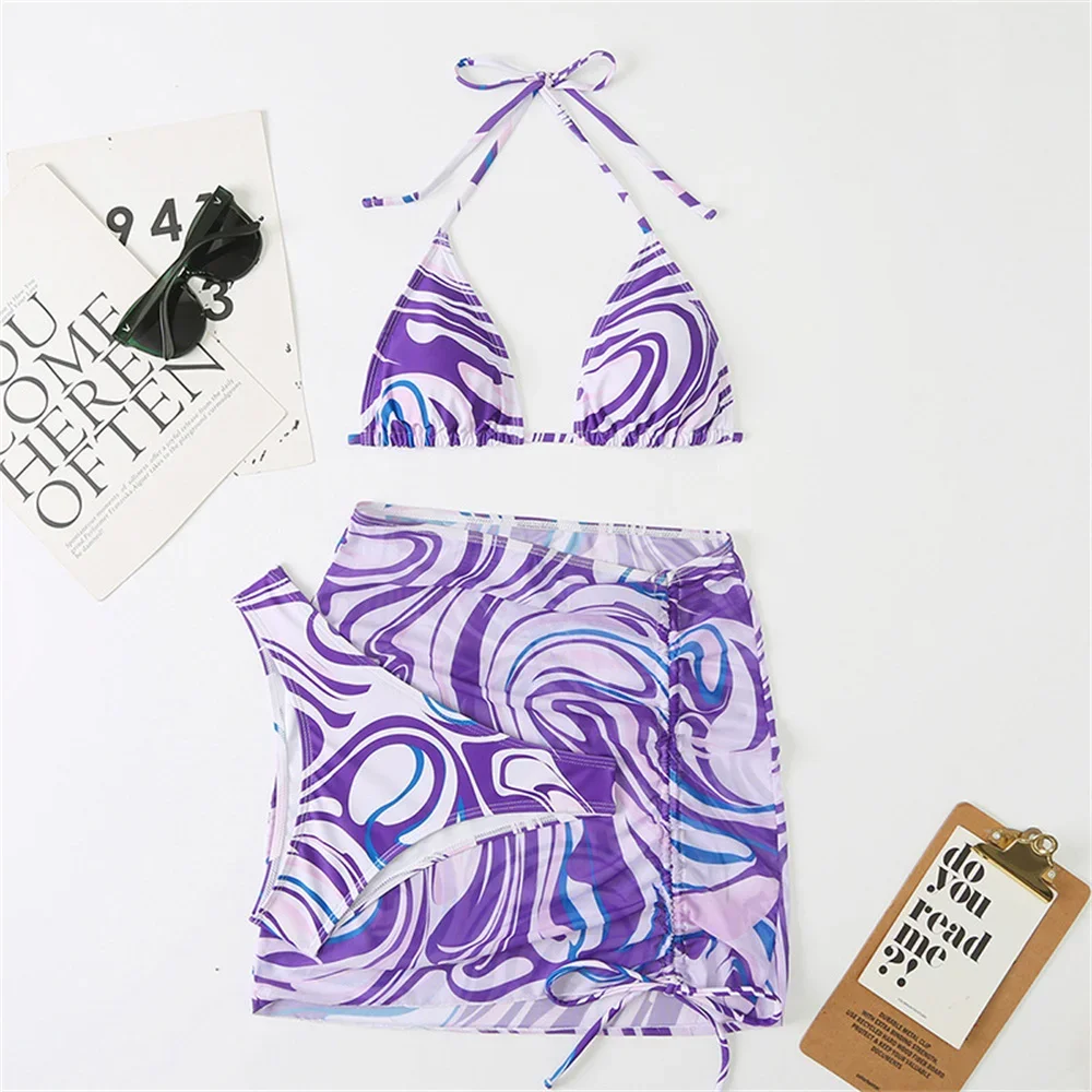 Purple Print Bikini Micro String Swimsuit Skirt Women Triangle Swimwear Thong Backless Bathing Suit 3 Piece Beach Summer Outfits