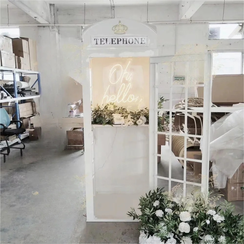 Flower Ornament British Style Pink White London Telephone Booth Wedding London Telephone Booth for Outdoor Decoration