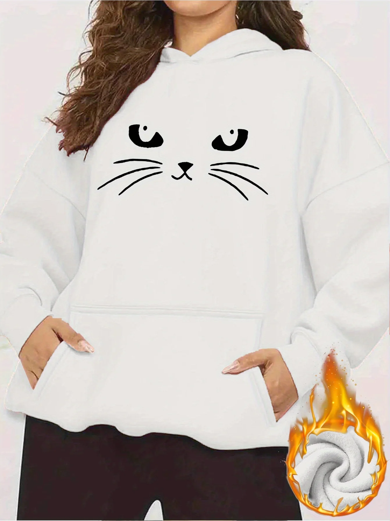2025 가을 겨울 여성용 흰색 후드티 귀여운 고양이 얼굴 패턴 풀오버 편안한 일상 캐주얼 스트리트 패션 스웨트셔츠