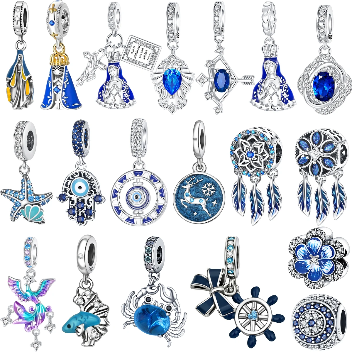 

Новые оригинальные стерлингового серебра 925 пробы, синие подвески, Святая мать, ладонь, сердце, кошка, бусины, подвески, подходят для браслета, ожерелья, ювелирные изделия своими руками, подарок