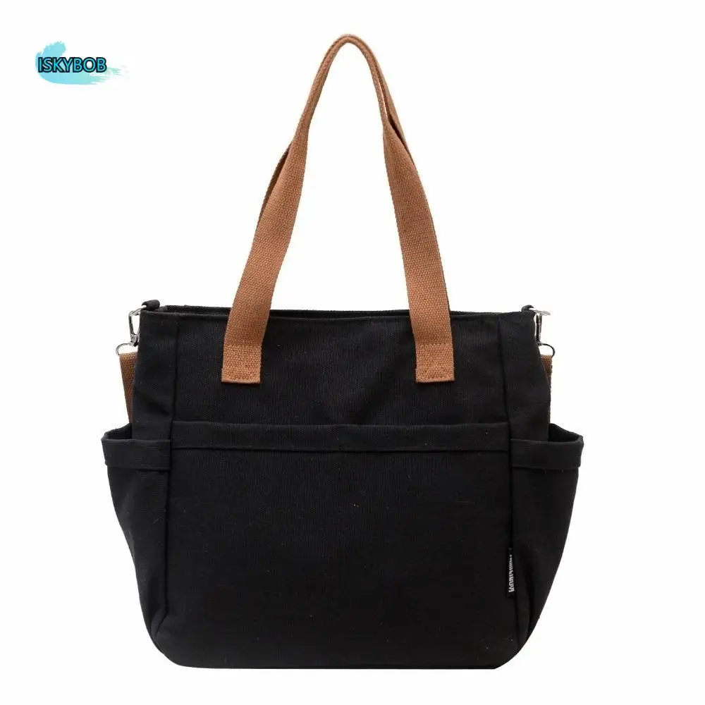 

Thickened Canvas Handbag Multi-Pocket Japanese Style Large Capacity Tote Bag Single Shoulder Solid Color Commuting Crossbody Bag