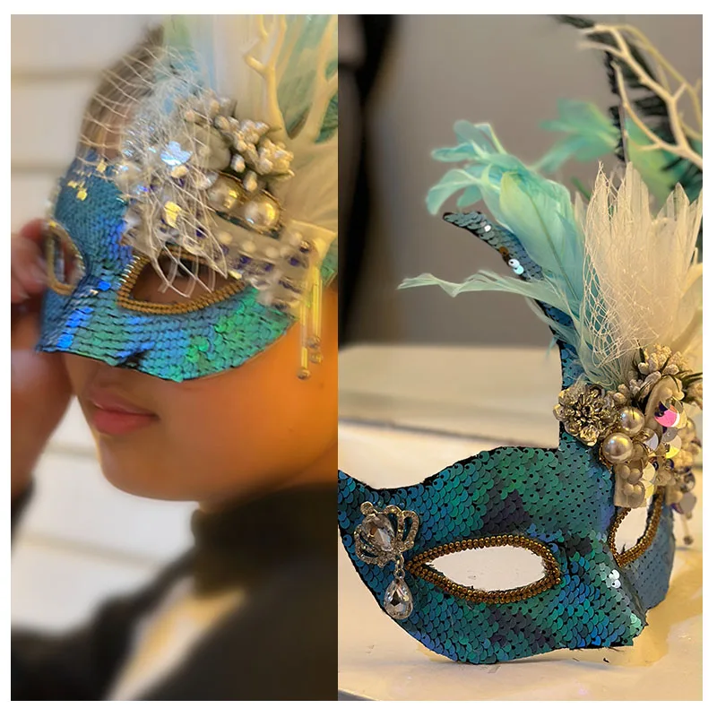 Halloween Masquerade Party Female Cosplay Blue red Female Mask Flower Feather Carnival Dance Party Mask