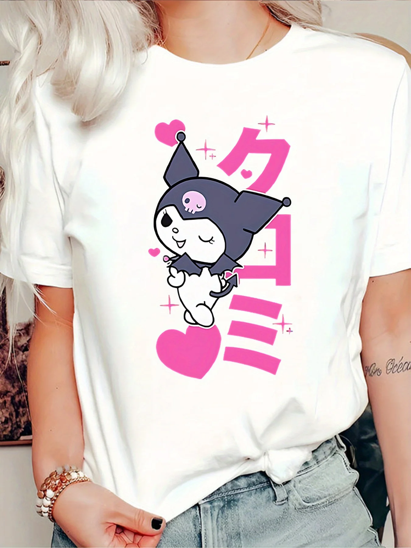 المرأة سانريو كورومي تي شيرت مطبوع عادية كم قصير القطن تيز الكرتون كورومي المرأة تي شيرت العلامة التجارية الصيف بلايز Y2k الملابس