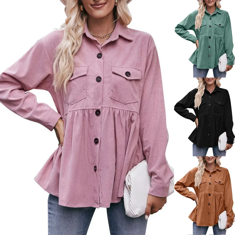

Women's New Autumn Winter Corduroy Shirt 2025 New 2 Pocket Lapel Single-breasted Thicken Blouses Female Warm Long Sleeve T-shirt