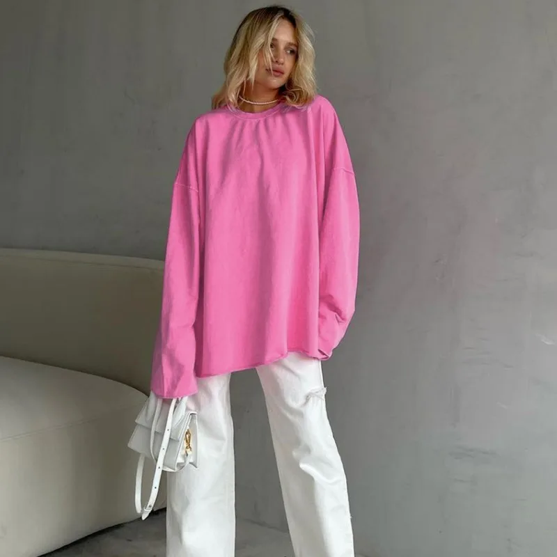 Pink Loose Elastic Round-neck Long-sleeved Shirt Street Style T-shirt New Autumn Fashion Women's Top From Europe and America New
