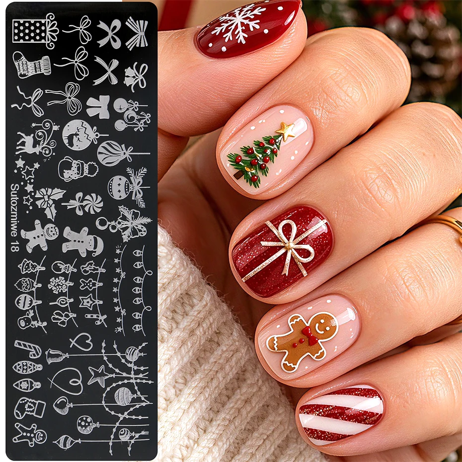 Christmas Light Nail Stamping Plate Gingerbread Man Nail Art Stamp Template Bow Gift Box Reindeer Heart Pattern Nail Art Stencil