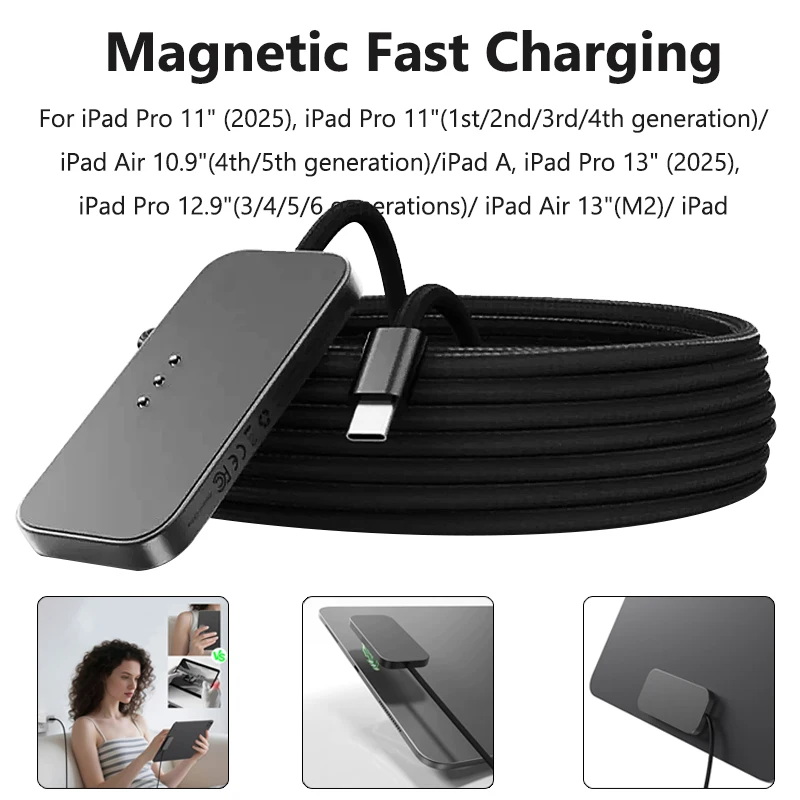 

For iPad Pro Magnetic Wireless Charger Aluminum Alloy Fast Charging Smart Chargers With 2m Cord For iPad Pro 13"/11"/12.9"