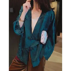 2026 new chinese style elegant v neck traditional tang suits blouse women vintage floral lady jacquard hanfu green blouse top
