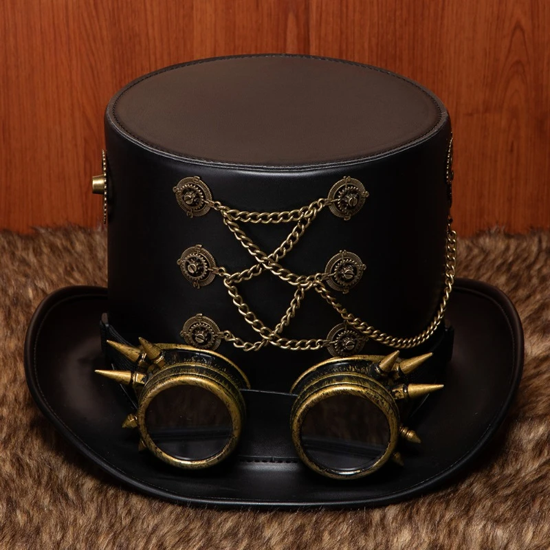 Victorian Steampunk Top Hat with Goggles Vintage Accessories Set for Adult Halloween Cosplay Stage Show Dress Up Magician Hat 2