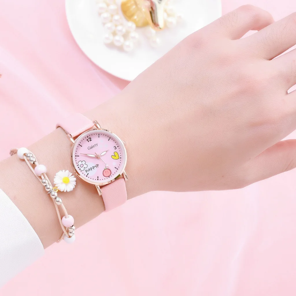 Kids Watches Pink Cute Children's Wristwatch Cartoon Pattern Quartz Watch Set for Girls Fashion Students' Clock Relogio Feminino