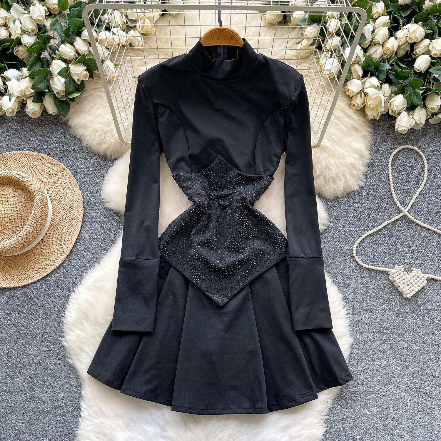 فستان أنيق أنيق بأكمام طويلة غير متماثل مقسم فساتين حفلات الموضة الكورية ملابس نسائية #3