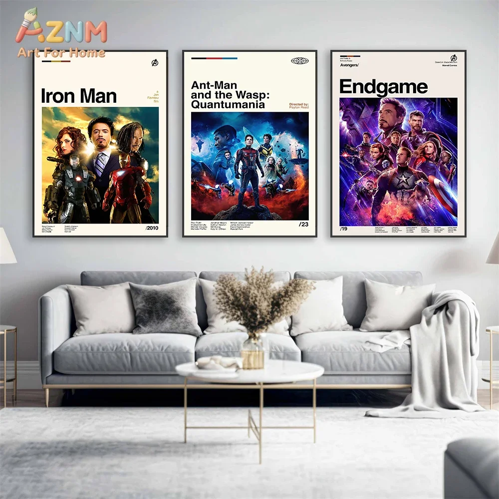 AZNM Marvel MCU Movie Frameless Canvas Print, Retro Iron Man Ant-Man Avengers Endgame Wall Art, Superhero Home Decor Poster, Cla