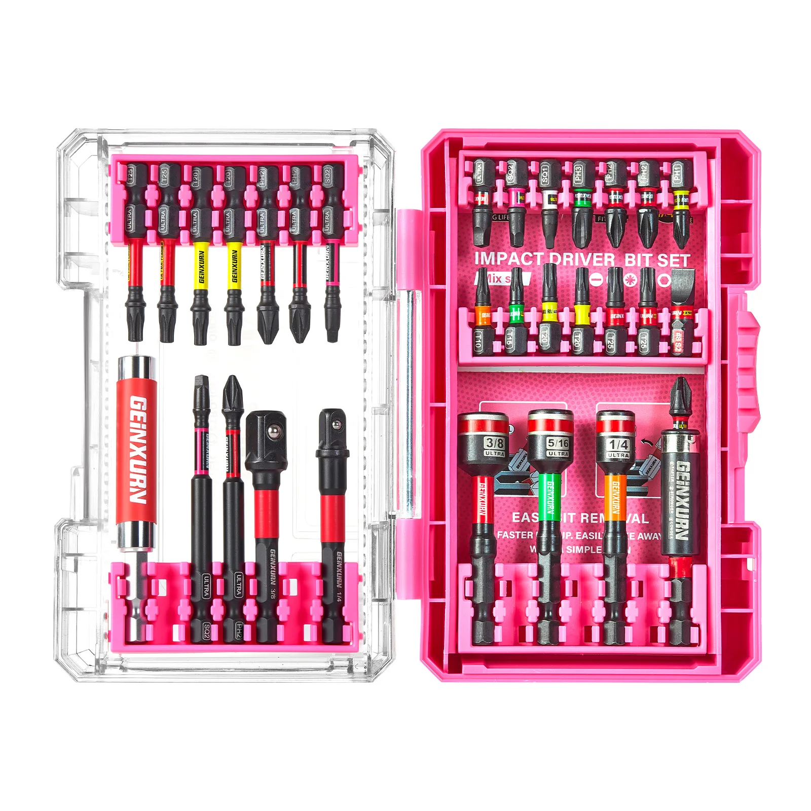 Geinxurn 31PCS Screwdriver Bits Set, Magnetic S2 Steel 1”/2”/3” PH/SQ/Torx Impact Bit Holder and Nut Driver with Pink Box Case