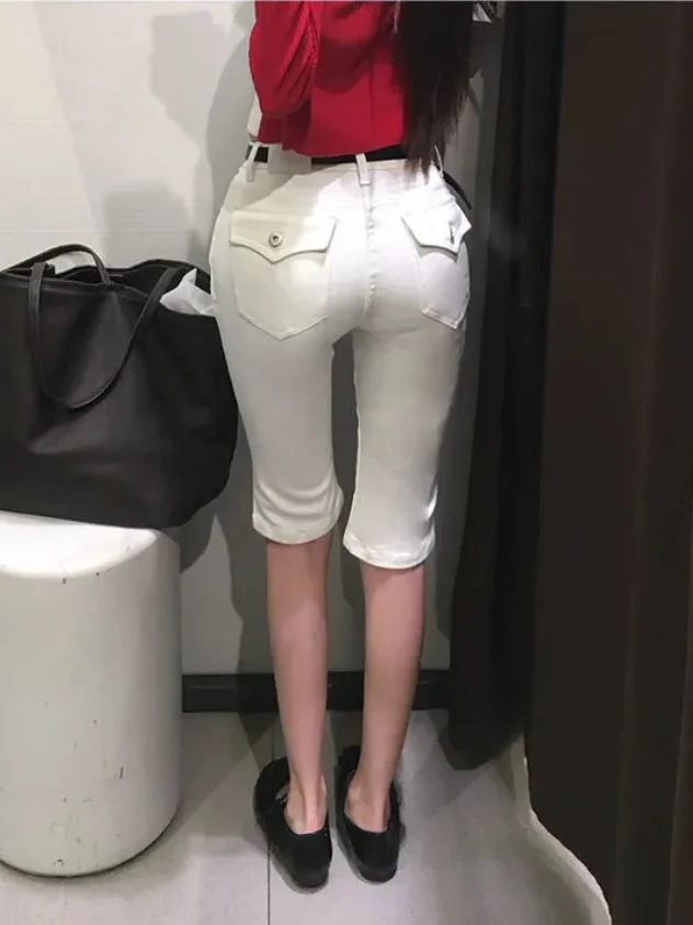 

White Slim Fit High Waist Denim Jeans Women's Summer Elastic Casual Seven-Five Lengthened Pencil Pants Mid-Length Skinnies