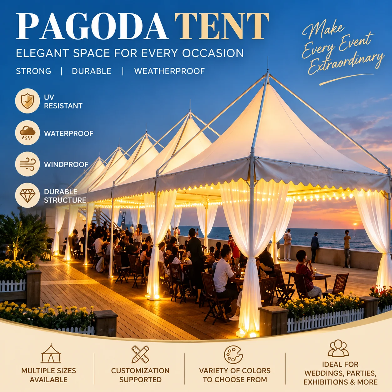Custom‑Made High‑Peak Pagoda Tent, Durable Waterproof PVC Aluminum‑Steel Frame for Stylish Outdoor Wedding Venue Layout