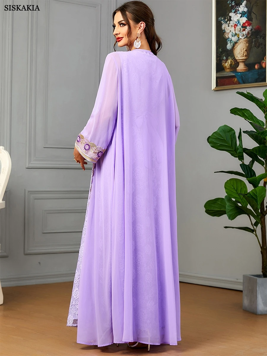 Siskakia Moroccan 2 Piece Abaya Set Jilbabs For Woman Chic Purple Chiffon Lace Tape Belted Arabic Gown Ramadan Musulmane Caftan