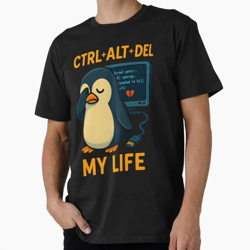 

Sad Penguin Rebooting Life Ctrl Alt Del Tech Humour funny Gift t shirt for Developer printed Large size Tops 100% cotton Tee